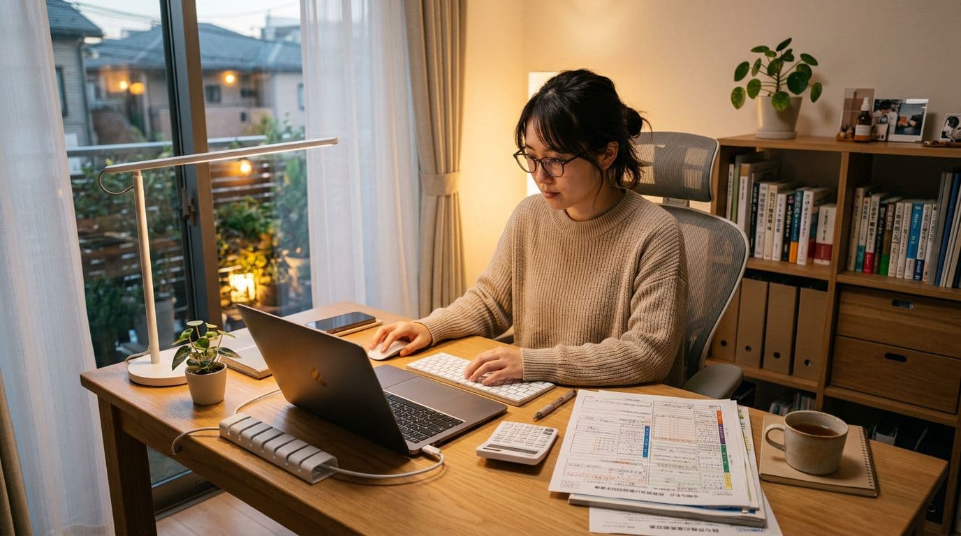 Person filing taxes on a laptop in Japan