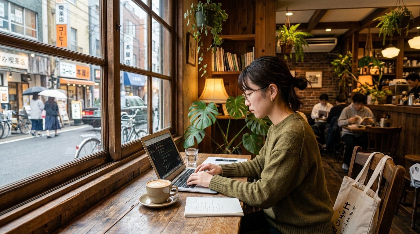 Freelancer working in a Japanese cafe